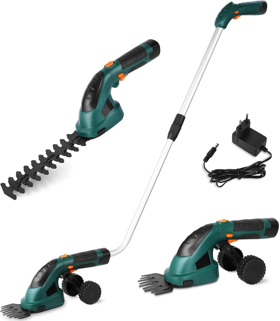 Cesoie per erba a batteria, 7,2 V, 2 in 1, con manico telescopico, batteria e caricabatterie, per tagliaerba, maneggevoli, con 2 diversi coltelli