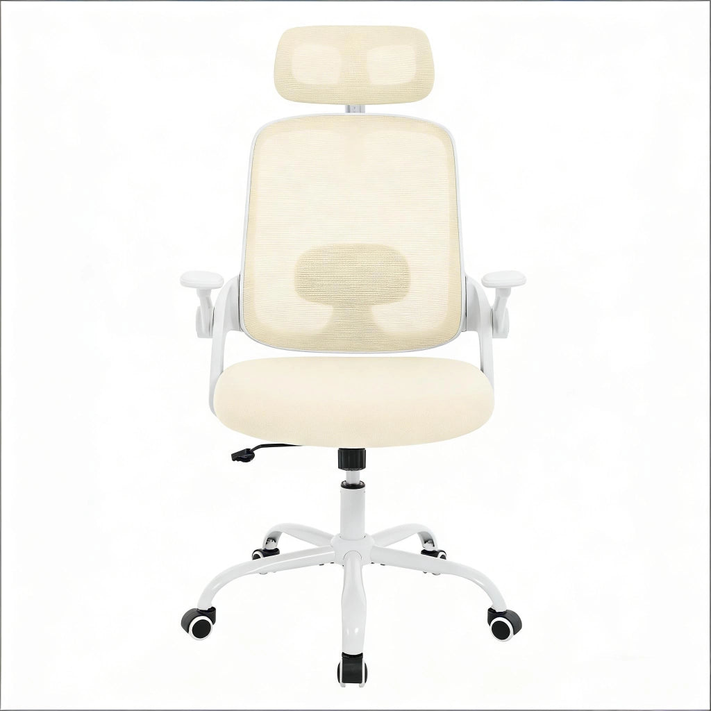 Sedia da ufficio ergonomica con schienale alto, supporto lombare e braccioli 3D in PU, beige