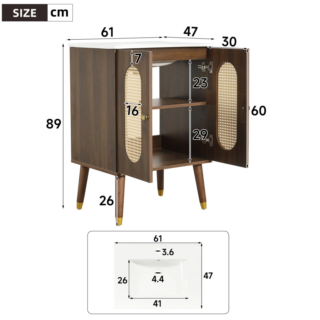 Mobile bagno sottolavabo 61 cm freestanding con lavabo in ceramica; ante in rattan; noce