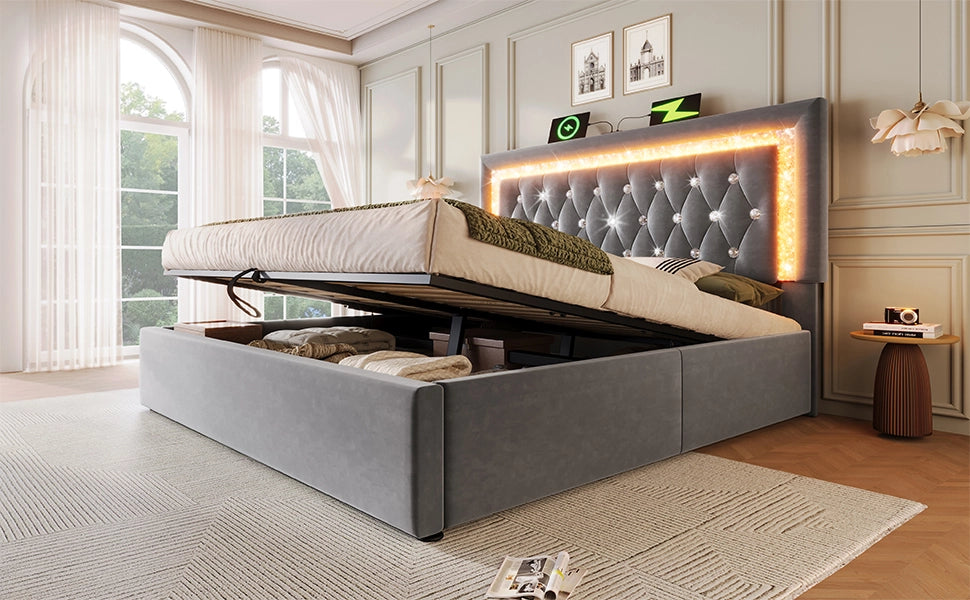 DESMIU Lit coffre 140 × 200 cm 2 posti con LED, USB e Type-C, senza materasso, in velluto, grigio