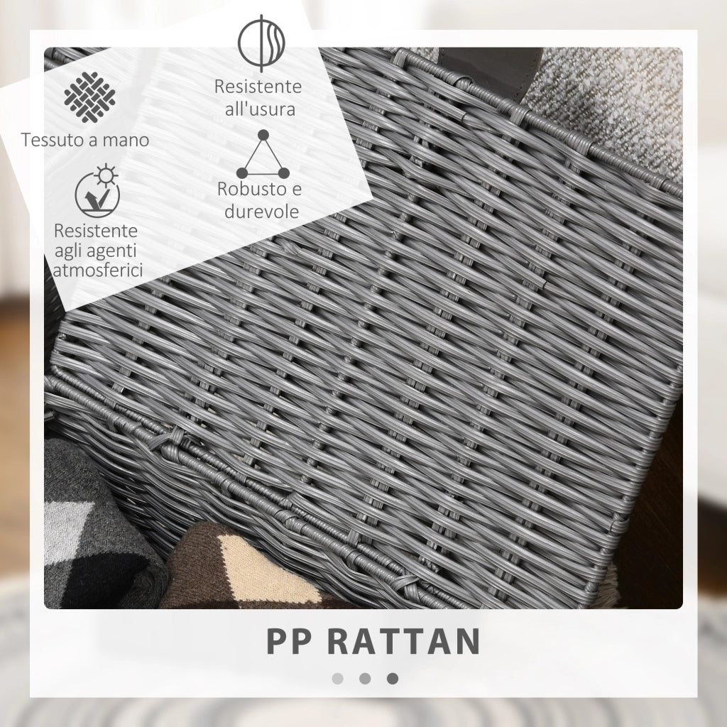 Set di 3 Cesti in Vimini PP con Coperchio di Diverse Dimensioni, Grigio
