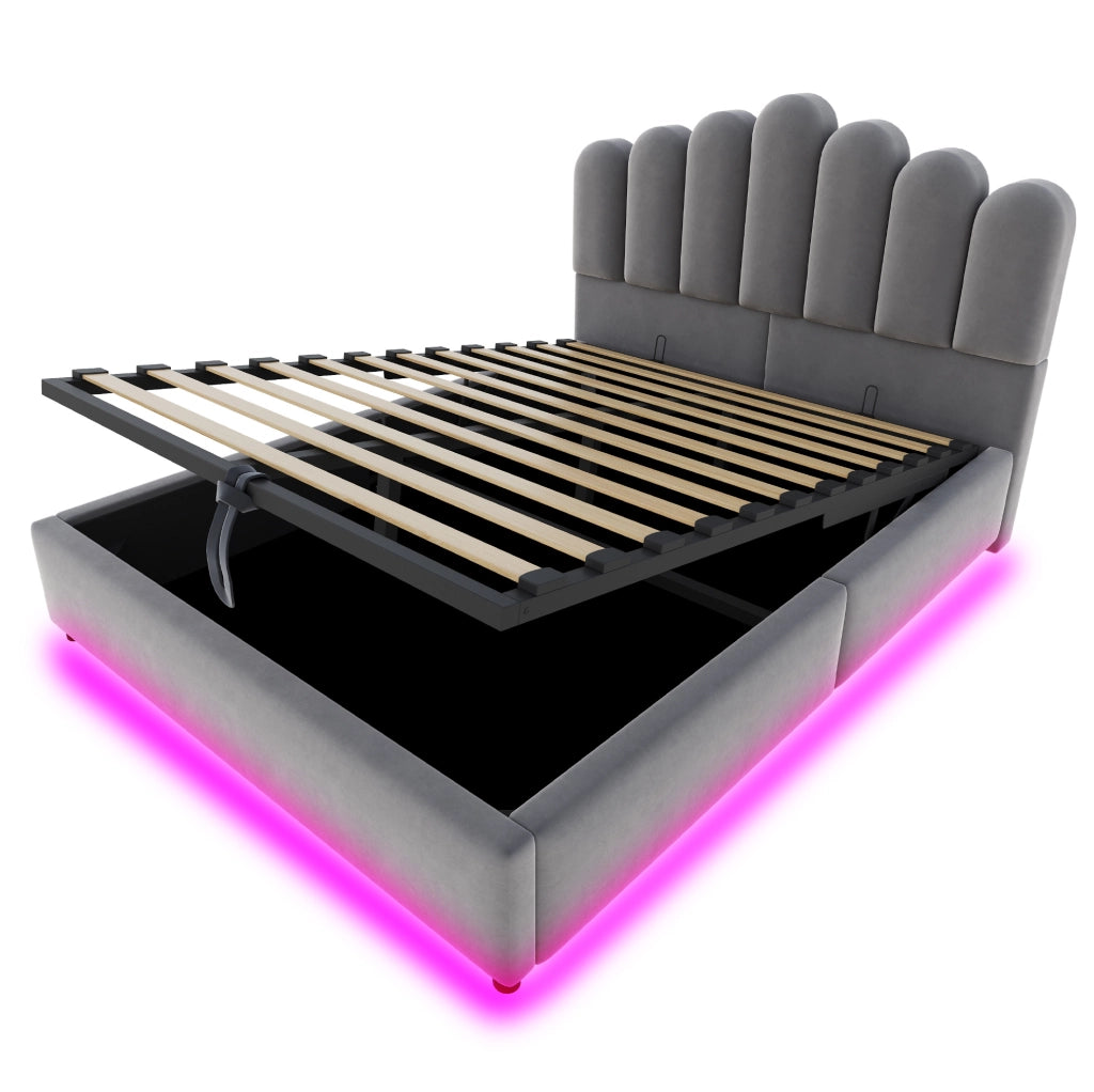Letto imbottito 140x200 cm con contenitore; LED e testiera unica in velluto grigio