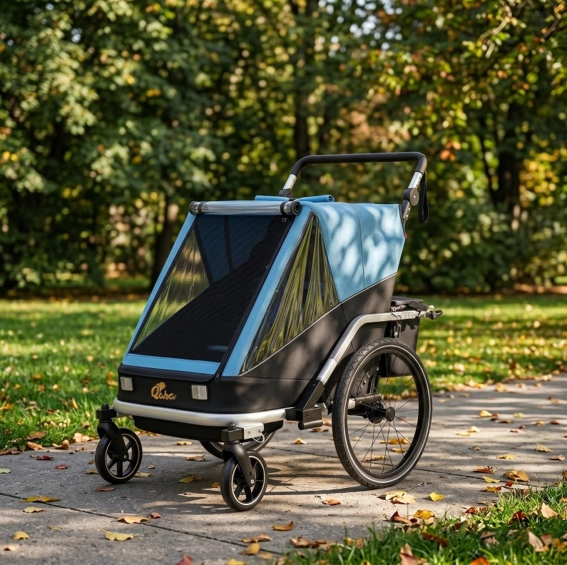 Rimorchio bici per bambini 2 posti 2 in 1 pieghevole blu