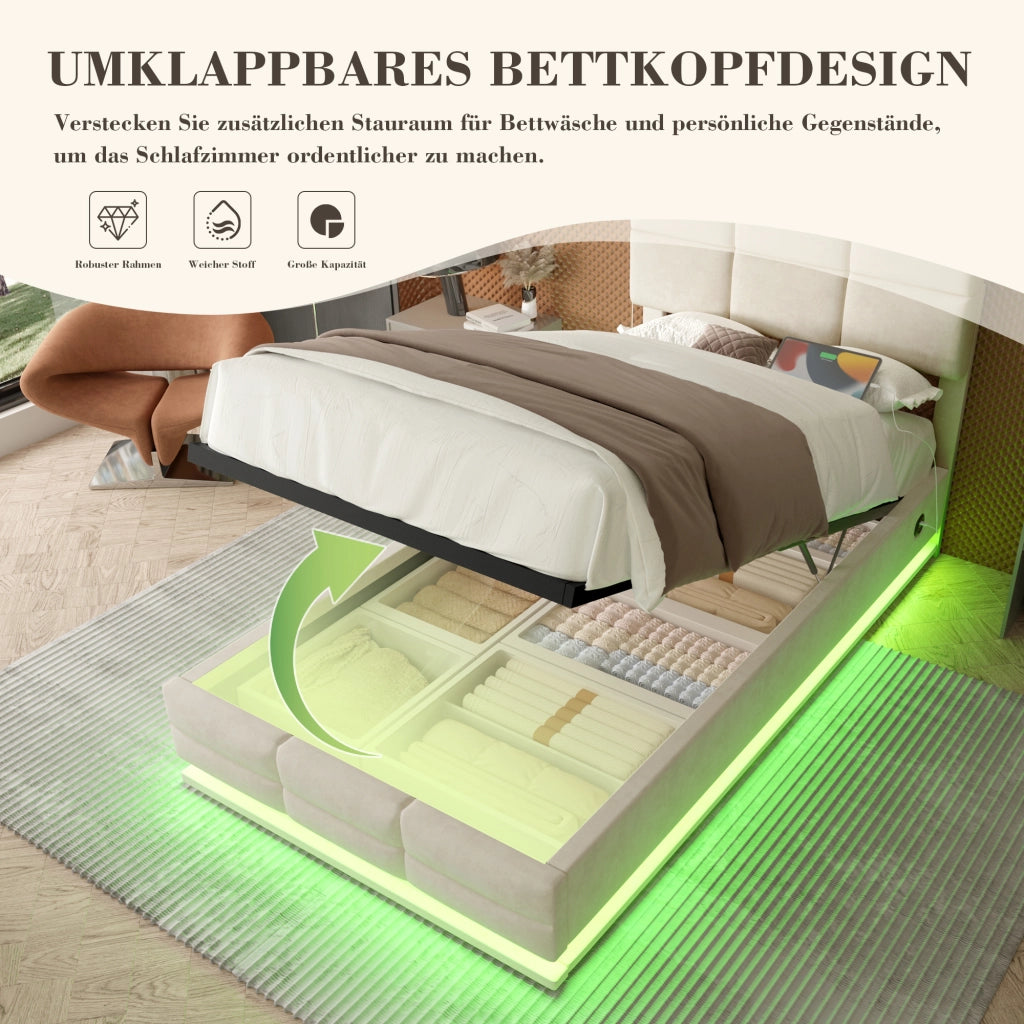 LETTO 90x200 cm in velluto beige con testiera regolabile e LED, senza materasso