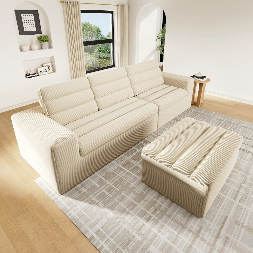 DIVANO Modulare angolare 253x161x89 cm tessuto a coste beige con pouf