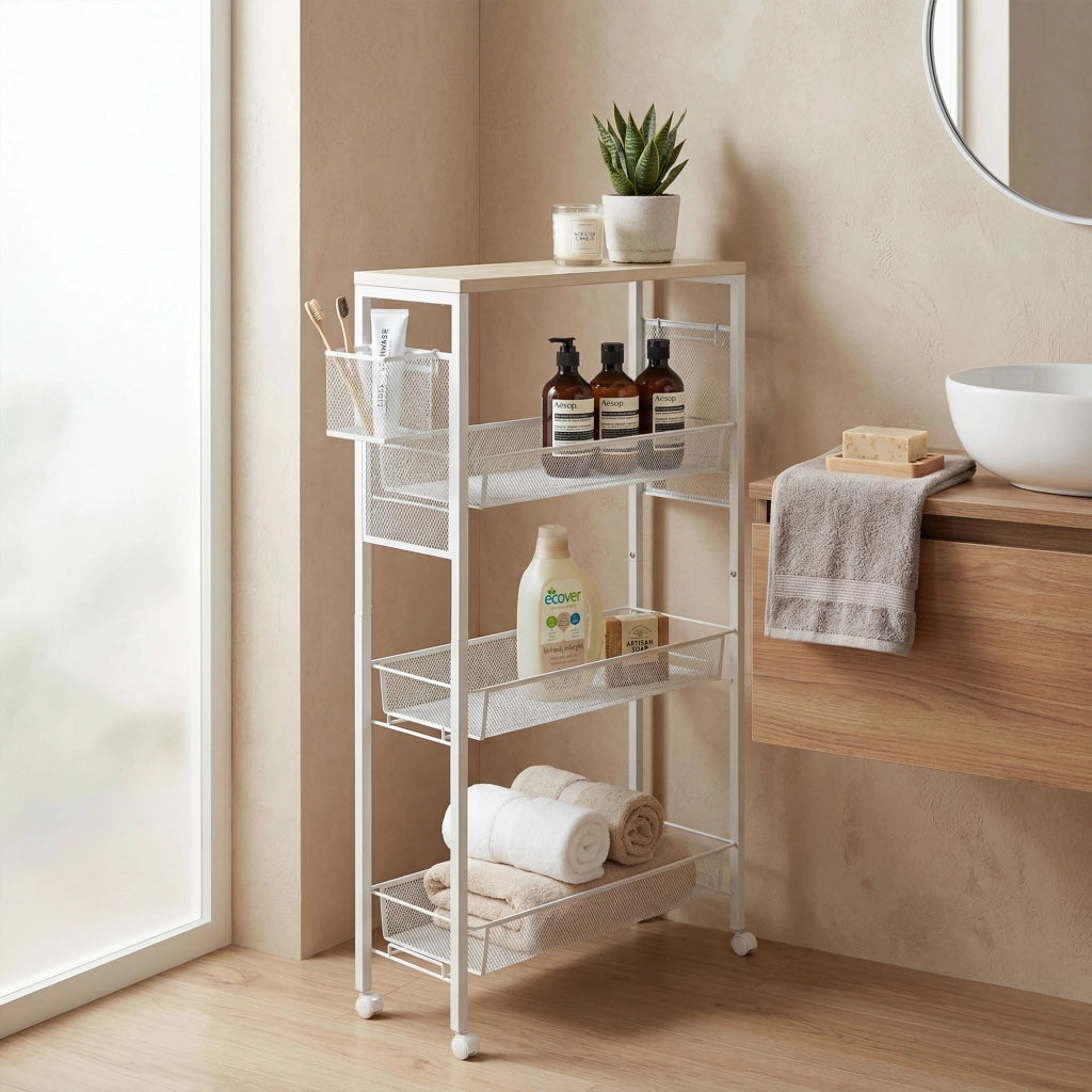 Carrello da cucina con ruote e cestini ¨C zephmum ¨C bianco 58x18.5x87 cm
