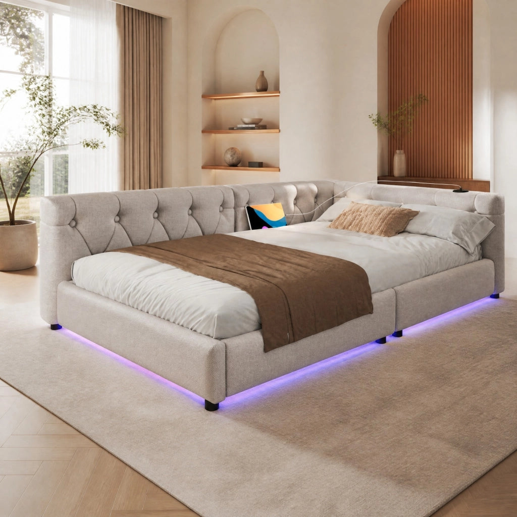 Daybed 90x200 cm beige con LED, USB e Type-C