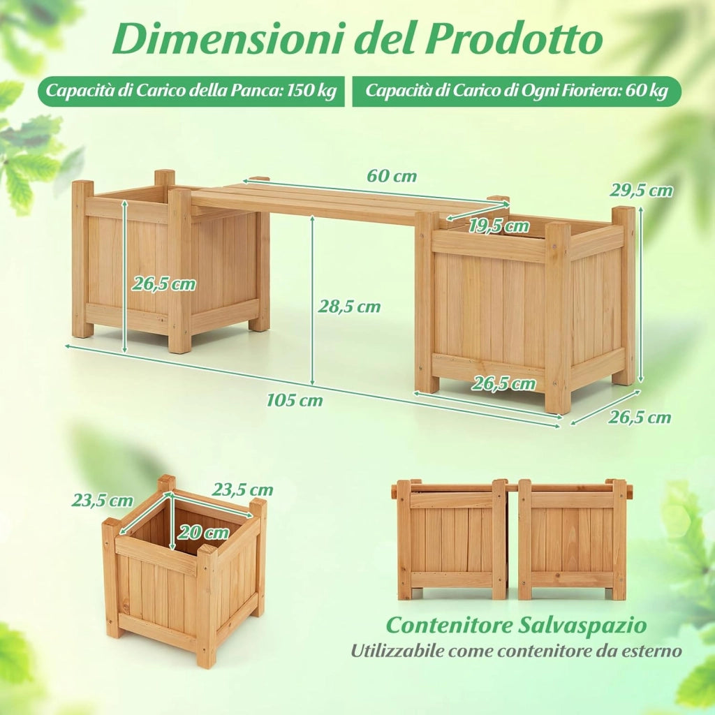 Fioriere da Esterno con Panchina, Letto Rialzato da Giardino in Legno Massello con e Base Aperta, Fioriere Elevate per Patio, Cortile e Veranda (Naturale, 105 x 26,5 x 29,5 cm)