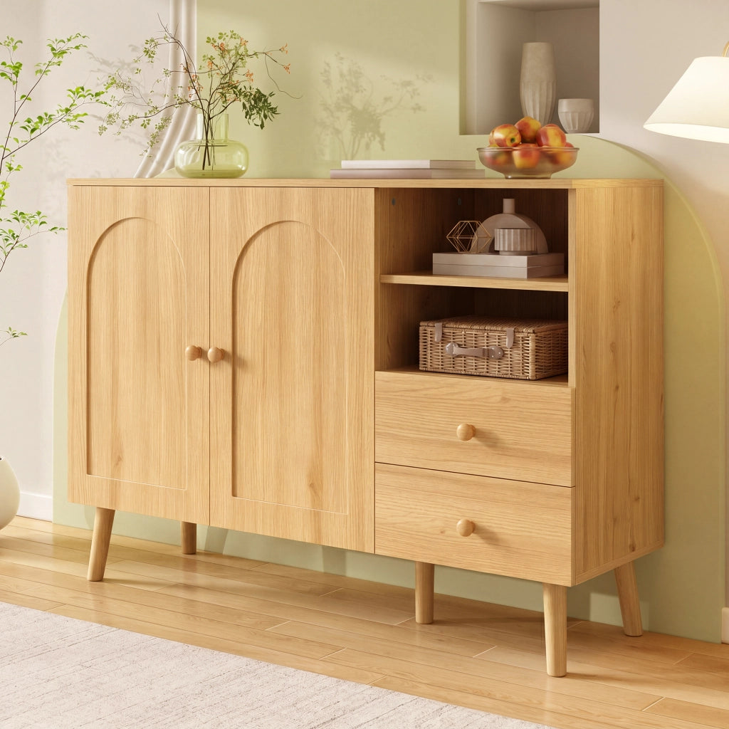Credenza e madia con 2 ante 2 cassetti e vani aperti per soggiorno sala da pranzo e ingresso naturale 118 × 35 × 82 cm