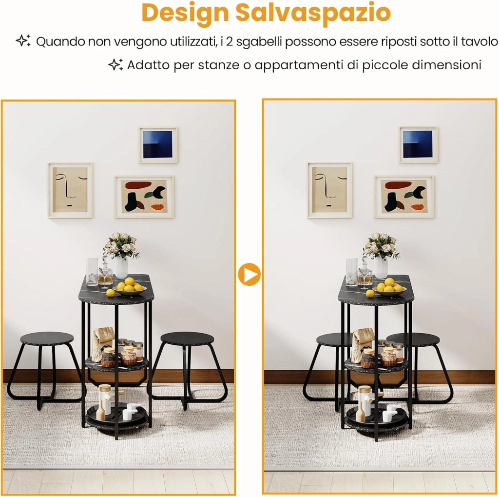 Set da Pranzo Industriale 3 Pezzi, Tavolo da Cucina in Legno con 2 Sgabelli e Ripiani Portaoggetti, Set da Pranzo Salvaspazio per Appartamenti, Cucina e Soggiorno (Nero)