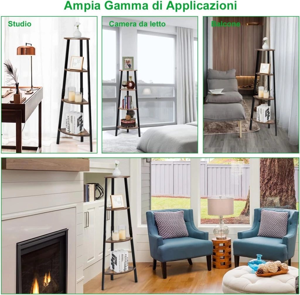 Scaffale d’Angolo a 4 Livelli, Scaffale di Stoccaggio in Metallo, Organizzatore Multiuso per Soggiorno Bagno Studio, 34x36x126 cm