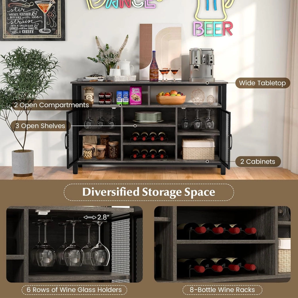 Credenza da Buffet, Mobilellto da Cucina con Portabottiglie e Portabicchieri, Porta TV per TV fino a 60" con 2 Armadietti con Anta, 3 Ripiani e 2 Scomparti Aperti, Nero/Grigio(Grigio)