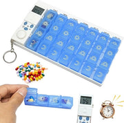 Dispensatore di farmaci portatile con allarme e timer 7 giorni in blu - Box di medicamenti con 4 contenitori - Organizzatore di pastiglie con orologio e sveglia - Medicazione da 7 giorni con allarme e timer