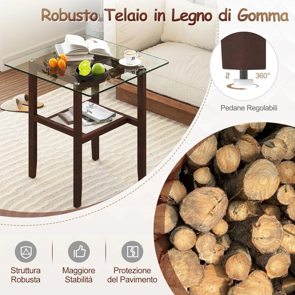 Tavolino Quadrato in Vetro, Tavolino Laterale con 2 Ripiani e Struttura in Legno di Gomma, Tavolo Moderno per Soggiorno, Casa e Ufficio, 61 x 61 x 62,5 cm