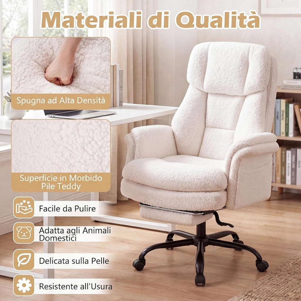 Sedia da Ufficio Ergonomica, Portata 150 kg (Bianco) | Sedia Scrivania con Rotelle Girevole, Braccioli Regolabili su 5 Livelli e Poggiapiedi Retrattile, per Casa e Ufficio