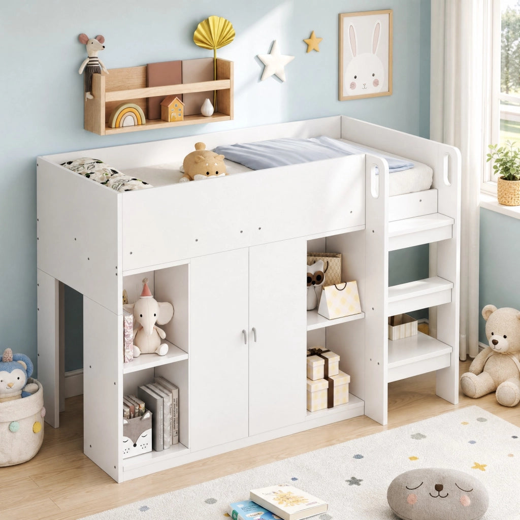 DESMIU Letto a Soppalco 1 Posto con Armadio, Scaffali e Scala 90 × 200 cm, senza materasso, Bianco