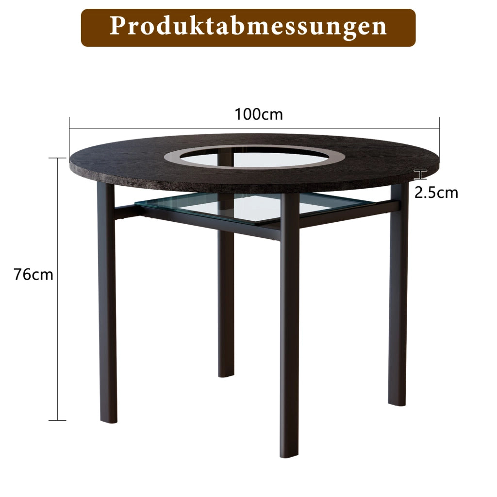 Tavolo da pranzo rotondo 100 cm in MDF nero con vetro grigio e ripiano per 2-4 persone