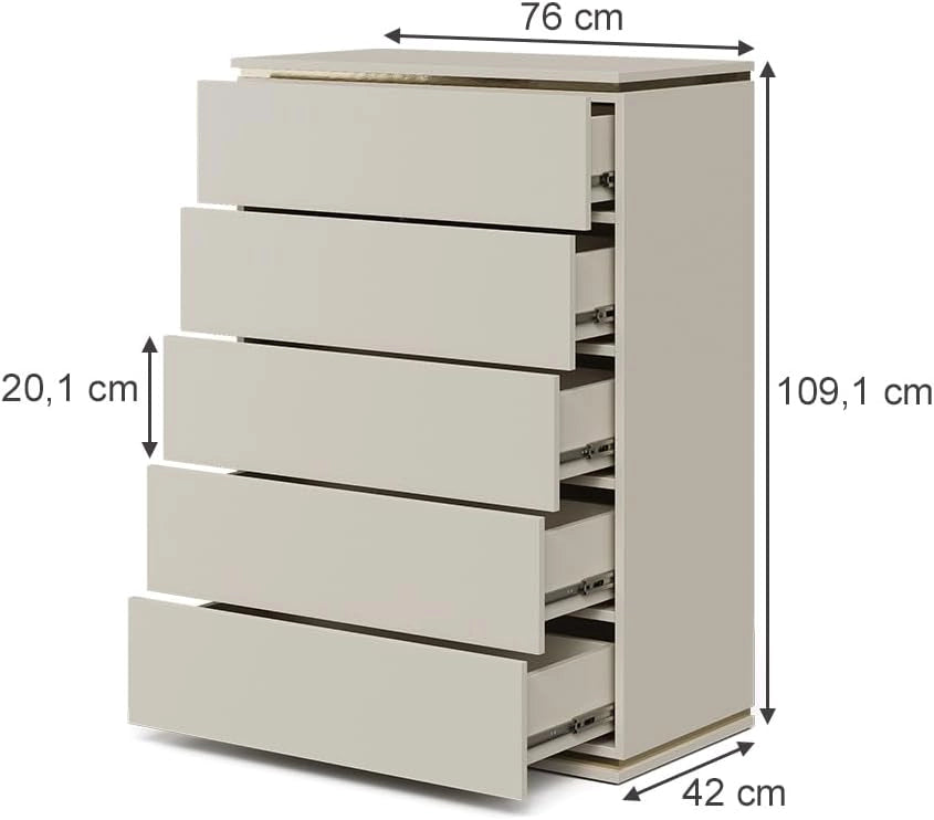 Cassettiera per camera da letto Linette, Cachemire, 76 x 109.1 cm con 5 cassetti, Meccanismo push-to-open per un'apertura silenziosa