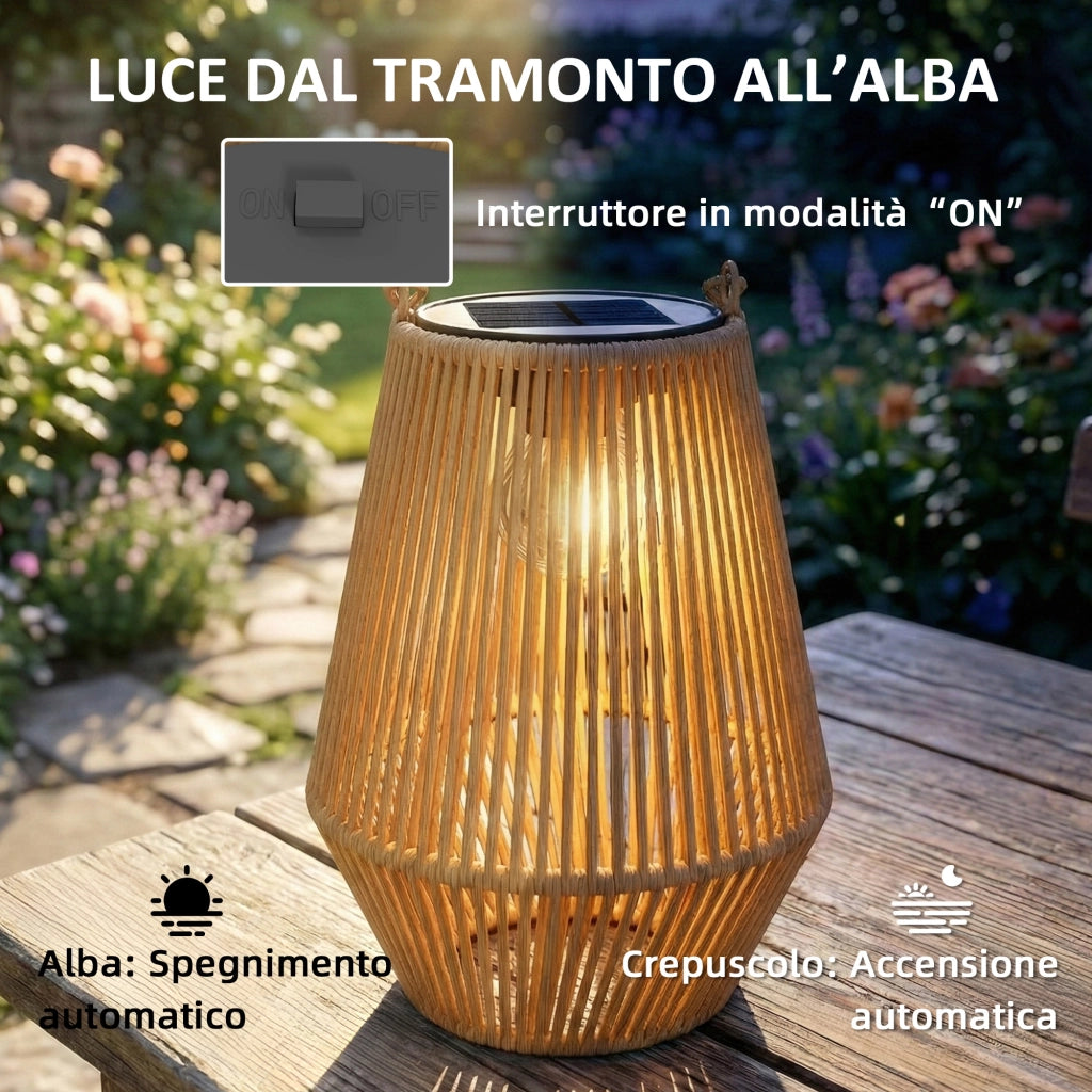 Set di 2 Lampade Solari 16x16x21 cm con Accensione e Spegnimento Automatico IP44 in Rattan Marrone
