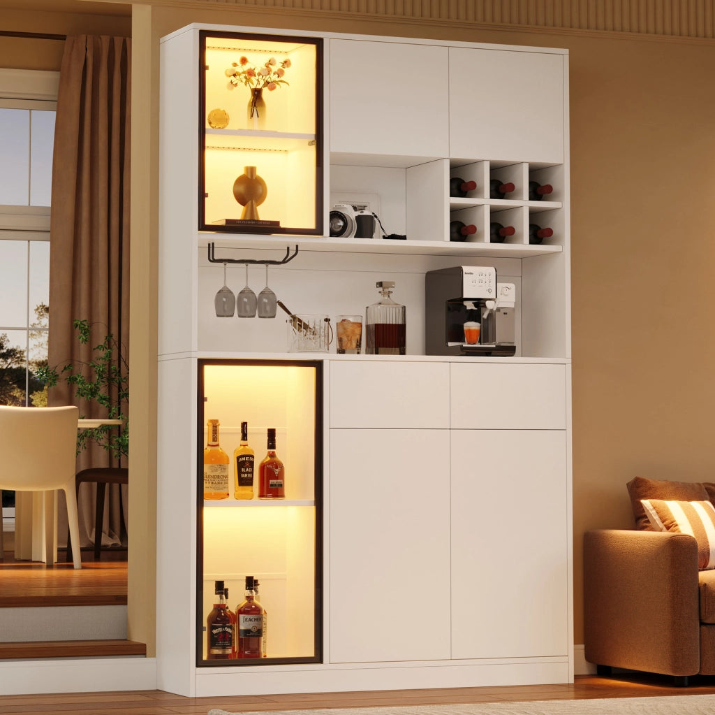 Hochschrank vetrina 120x33x200 cm con LED; 6 ante; 2 cassetti; bianco