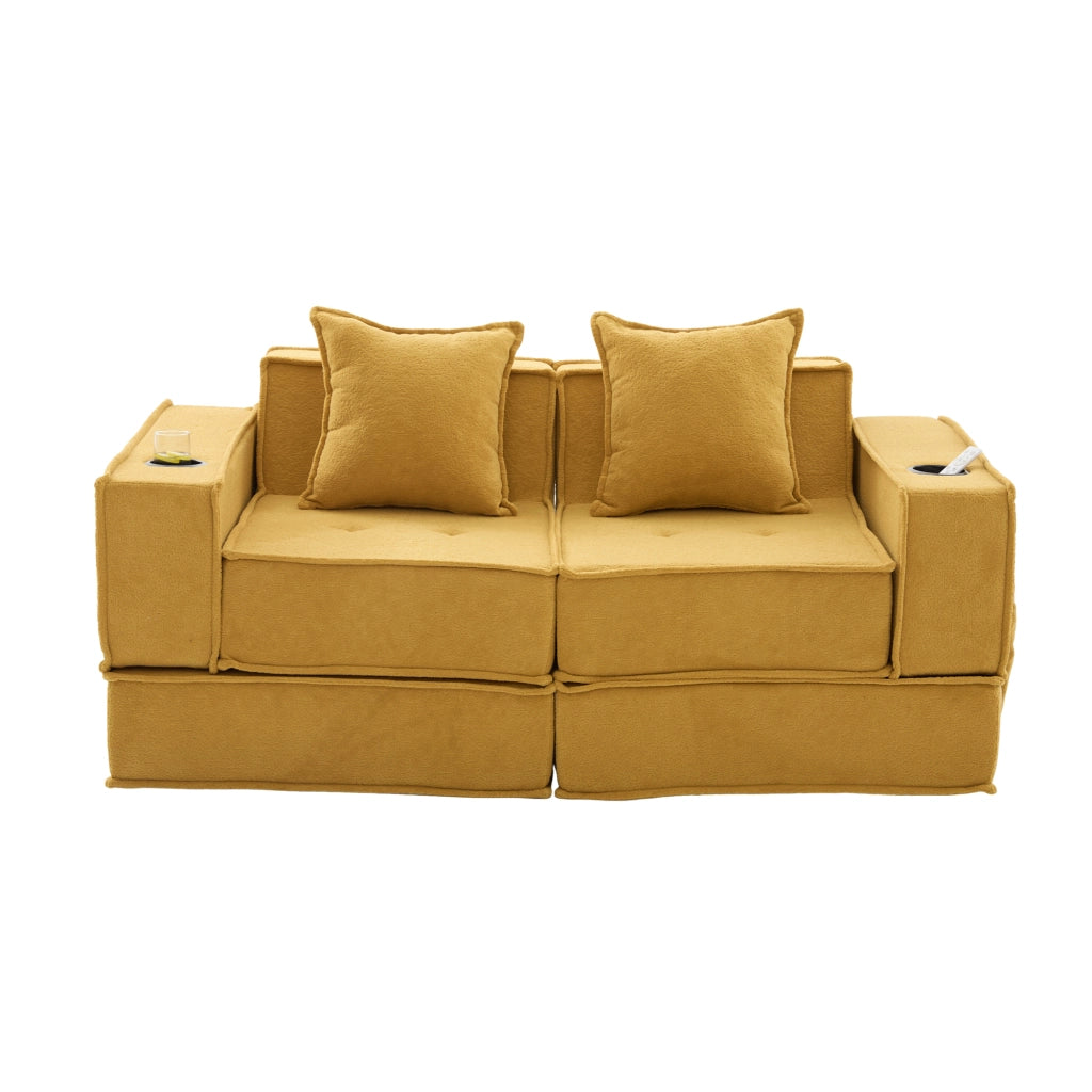 Pouf modulare con tasche laterali e cuscini, seduta ergonomica e struttura bassa stabile, in ciniglia giallo senape