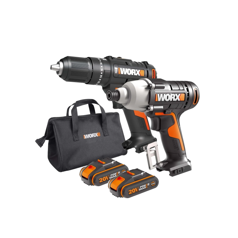 Kit trapano avvitatore a percussione WX370.9 e avvitatore a impulsi WX291.9 20V con batterie e caricabatterie per foratura e avvitatura - Worx