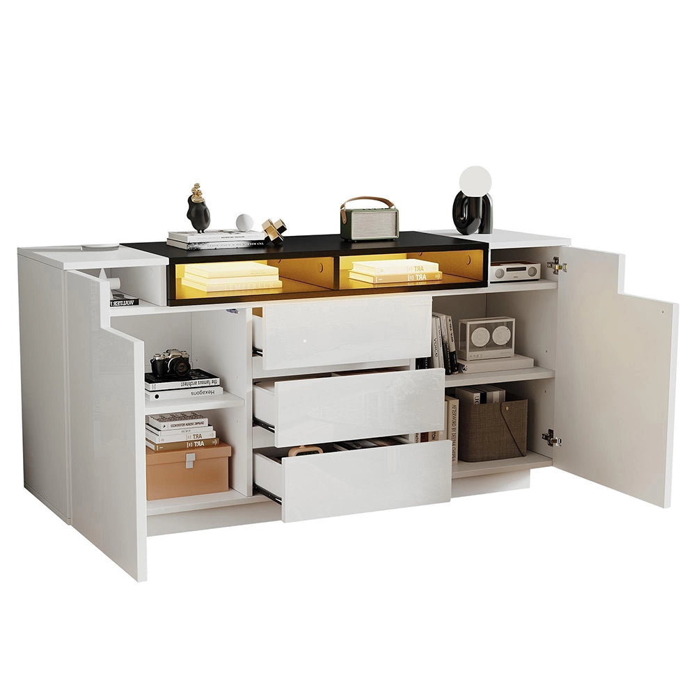 Credenza Soggiorno Angolare 140x40x68cm - Xylo - 2 Ante Lucide con LED Regolabile, Bianco e Nero