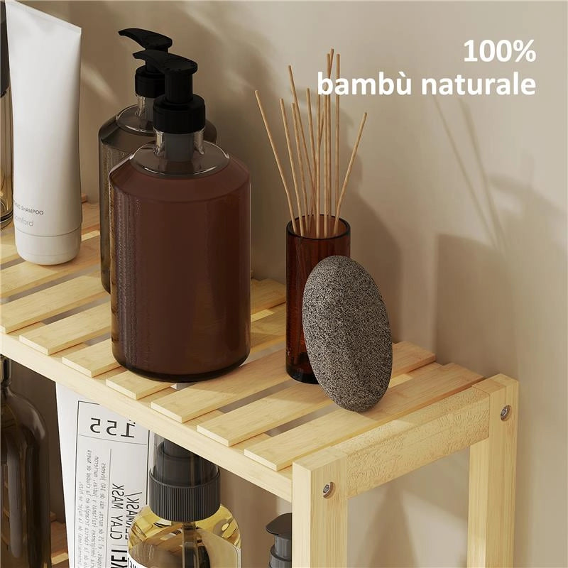 SCAFFALE PER IL BAGNO A 3 RIPIANI REGOLABILI IN 5 POSIZIONI IN BAMBÙ  60X15X50 CM COLOR LEGNO