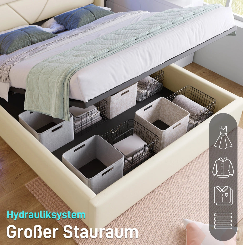 Letto contenitore imbottito 160x200 cm in PU bianco con LED
