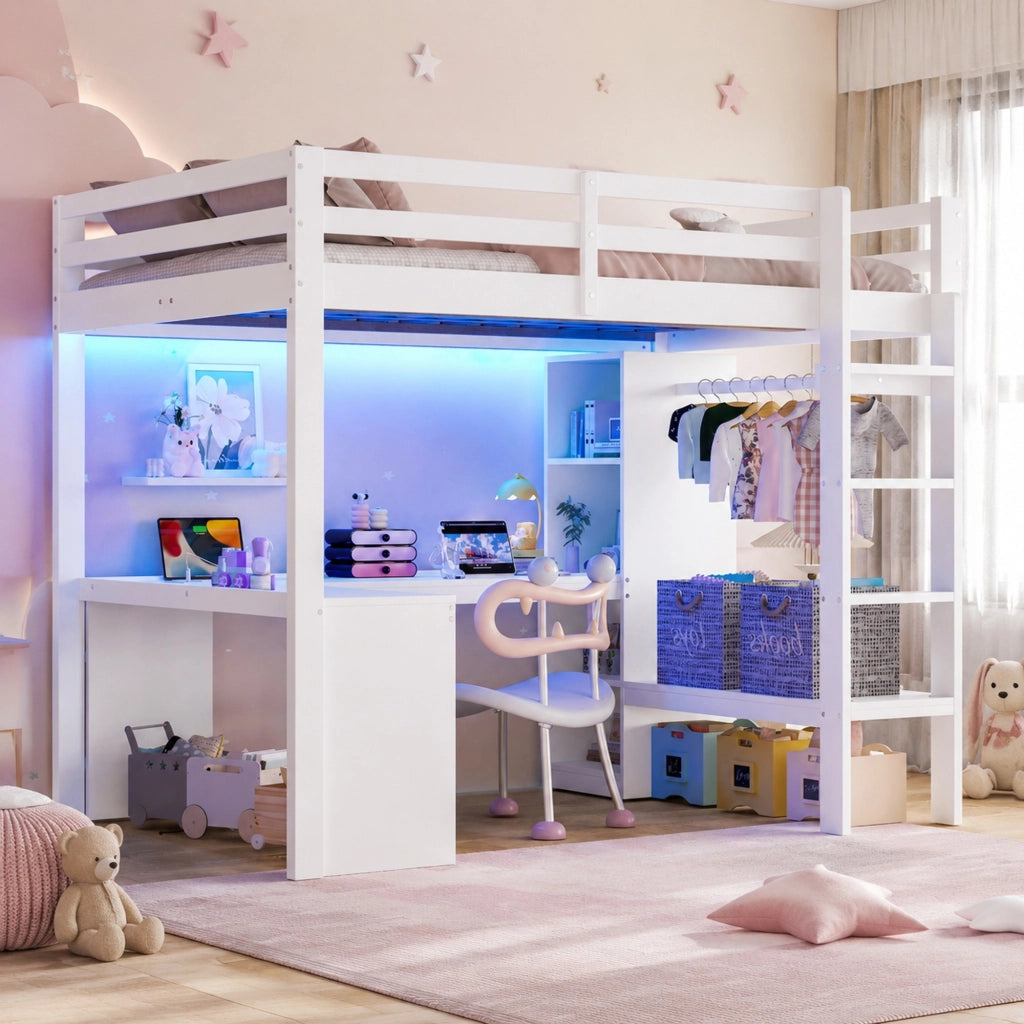 Letto a soppalco 140x200 con scrivania LED e USB, bianco