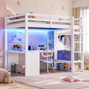 Letto a soppalco 140x200 con scrivania LED e USB, bianco