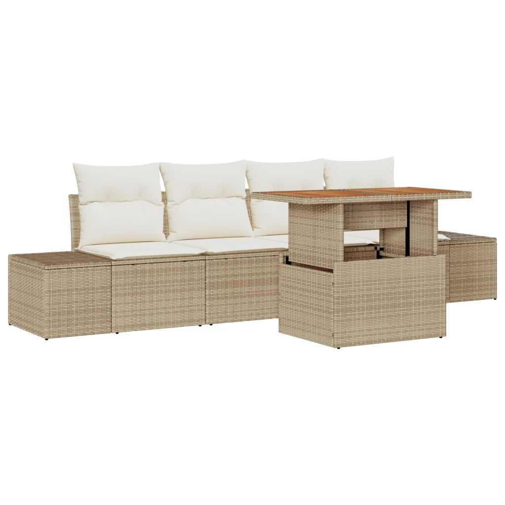 Set Divano da Giardino da 5 Pezzi con Cuscini Beige in Polyrattan