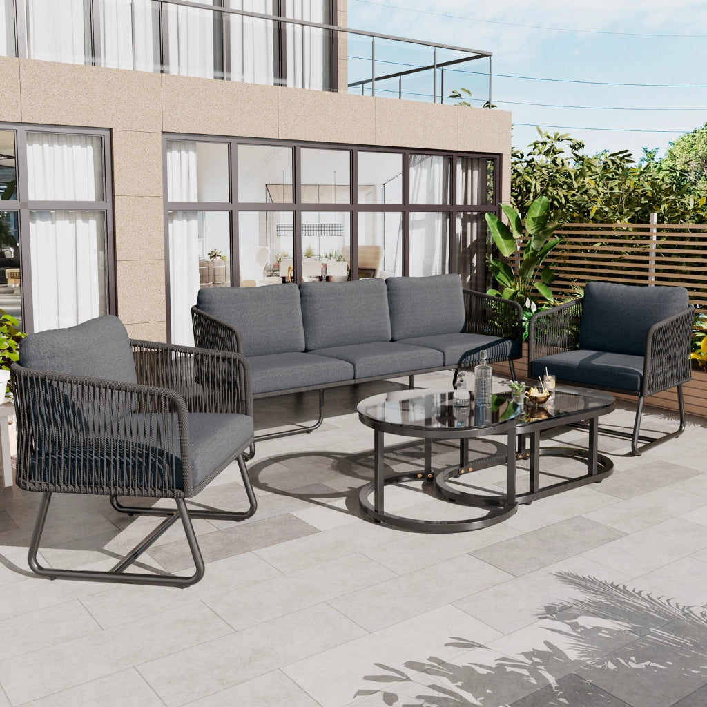 Set Lounge da Giardino 5 Pezzi con Cuscini ¨C Xylo ¨C Corda e Vetro, Grigio