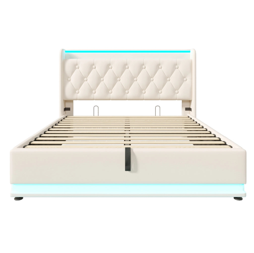 Letto matrimoniale imbottito 160x200 cm con LED; USB e contenitore idraulico; bianco PU