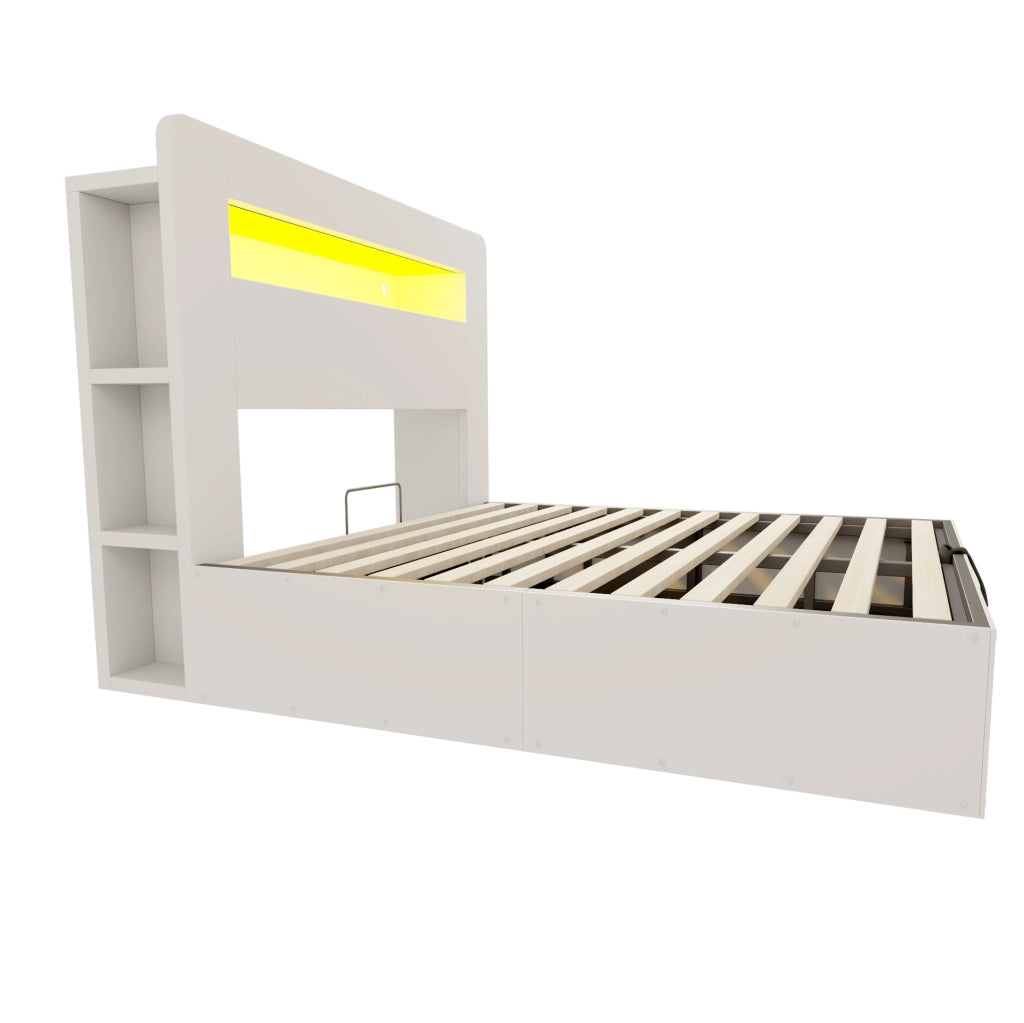 Letto contenitore matrimoniale 140x200 cm in legno bianco con sistema di sollevamento idraulico; LED e prese integrate