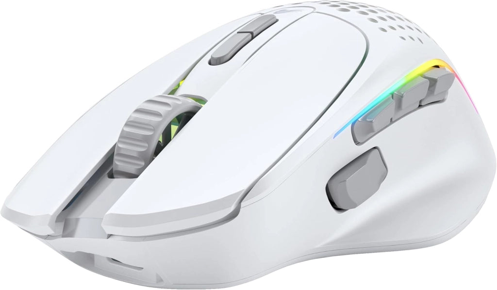 Gaming Model I 2 Wireless Mouse da gaming senza fili - 2,4 GHz e Bluetooth ibrido, superleg. 75 g, 9 tasti (2 scamb.), RGB, piedini PTFE, MMO/MOBA/sparatutto, supporto lat. pollice - Bianco