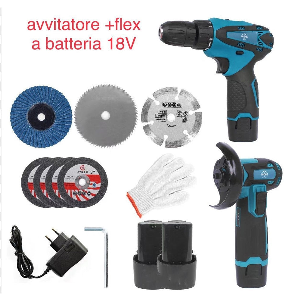 Trade Shop - Set Trapano Avvitatore + Flex Smerigliatrice Angolare A Batteria 18v Con Accessori -