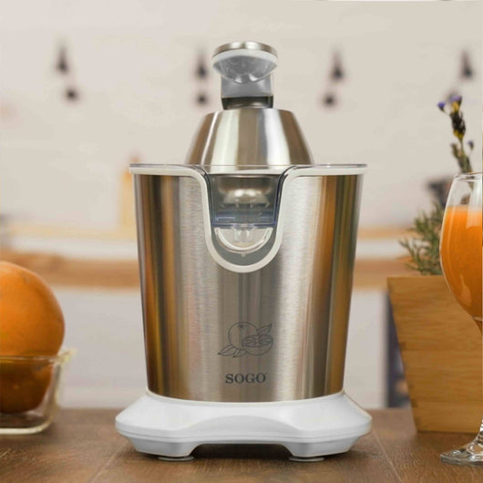 SOGO Spremiagrumi Elettrico con Leva – 160W – Acciaio Inox, 2 Coni, Beccuccio Anti-Goccia, Silenzioso, Facile da Pulire, Avvio Automatico