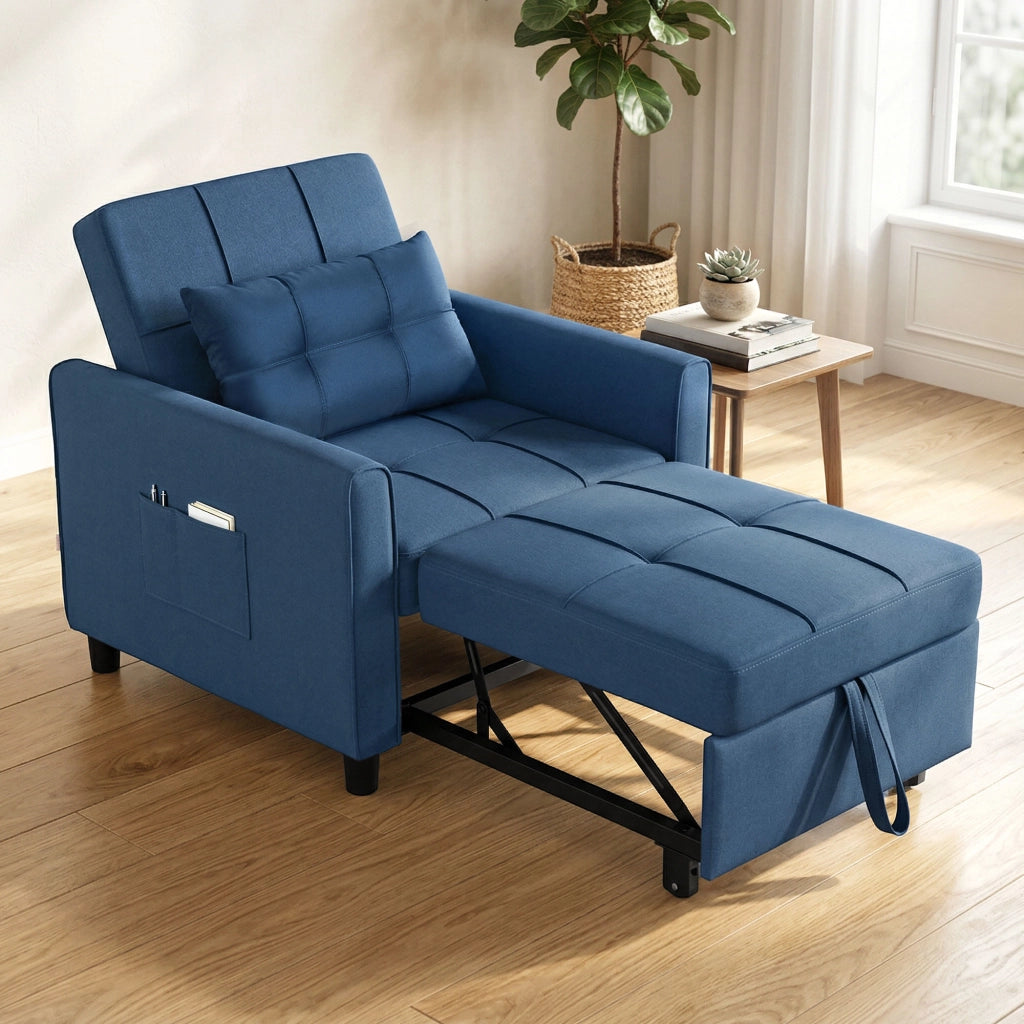 Poltrona Letto Pieghevole 69x82x85 cm con Schienale Regolabile e Cuscino in Tessuto Effetto Lino Blu