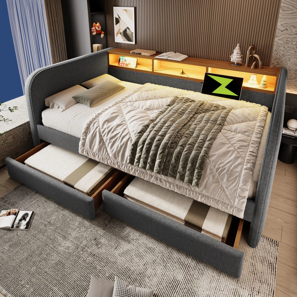 Divano letto imbottito con LED e USB 140x190 cm colore grigio lino