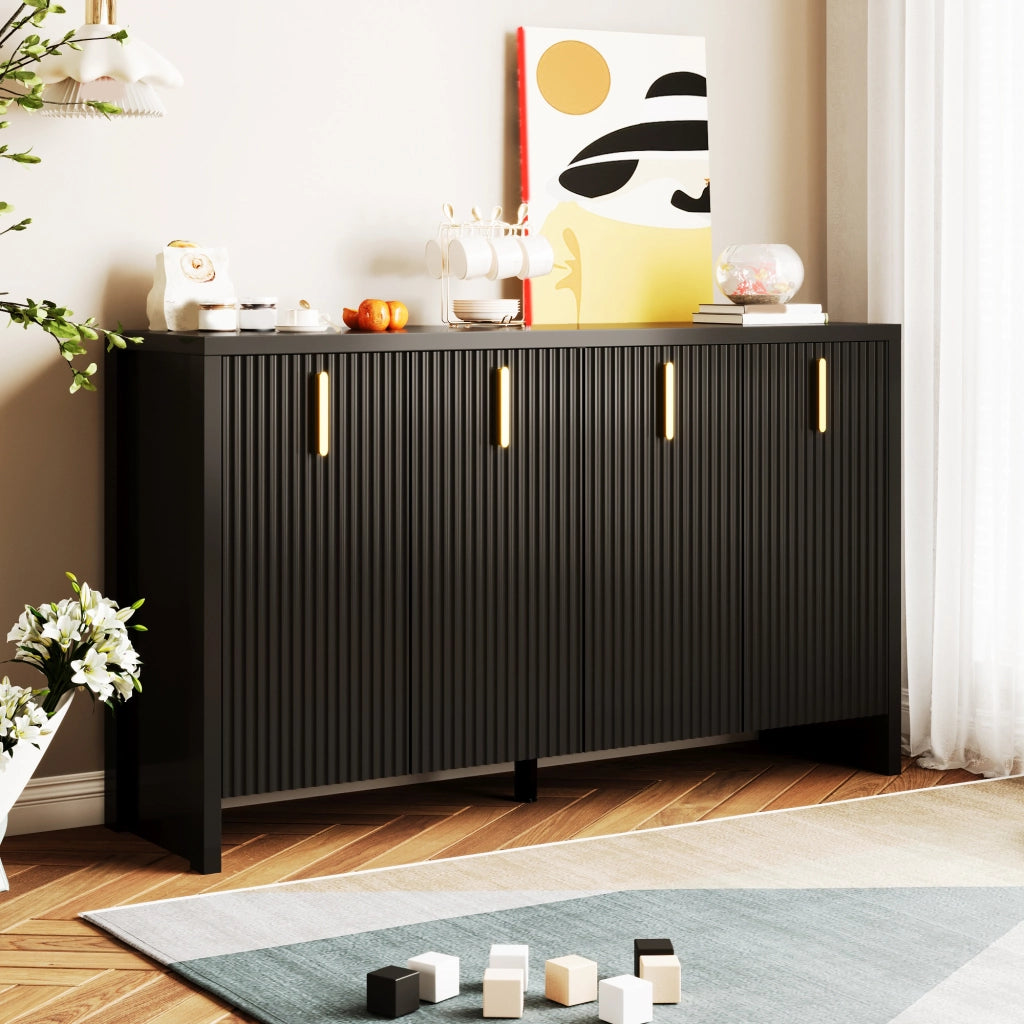 Credenza nera con 4 ante e ripiani regolabili in pannelli truciolari per soggiorno 140 × 38 × 80 cm