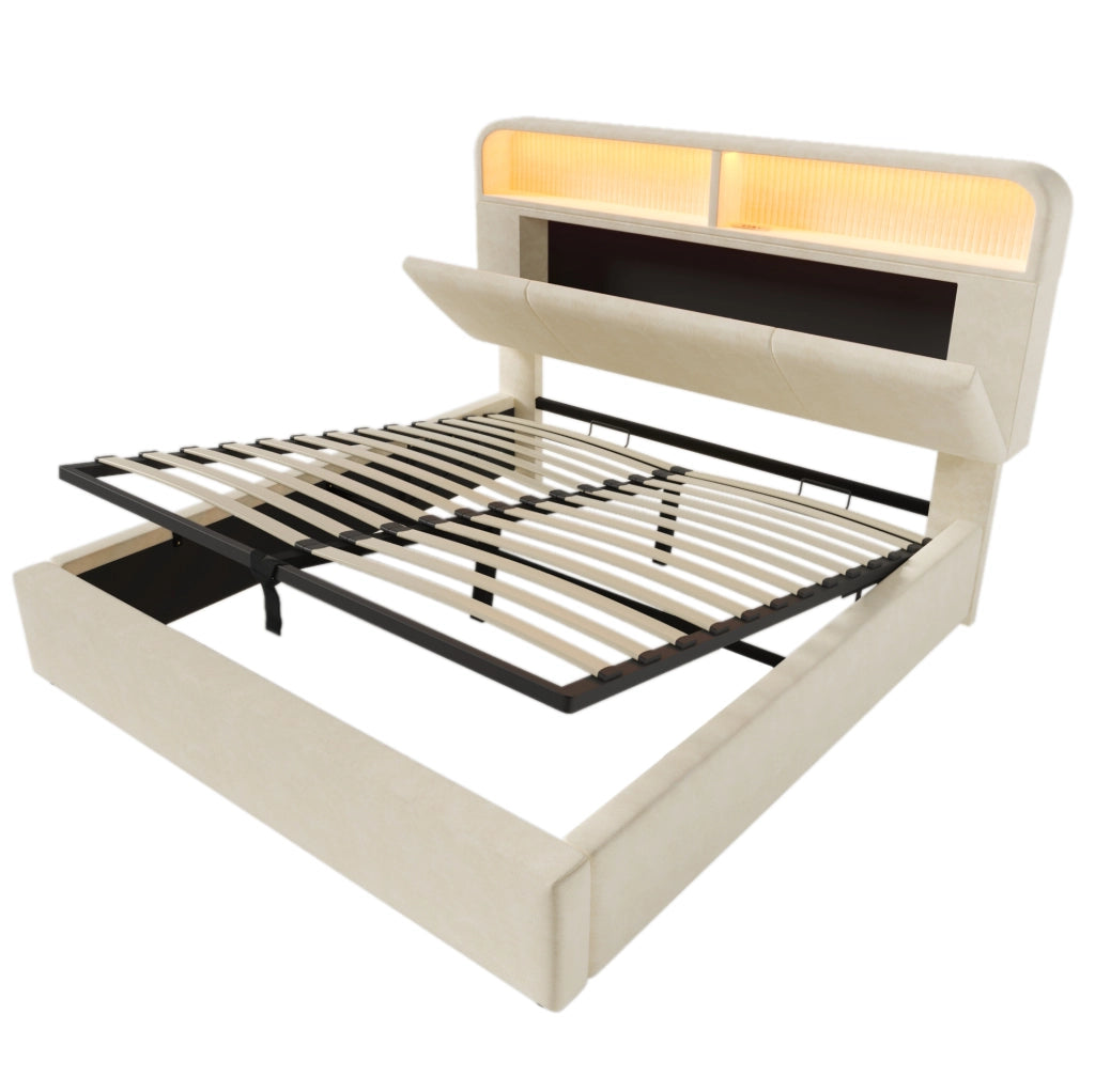 Letto matrimoniale 180x200 cm con contenitore; testiera regolabile; LED e USB/Type-C; beige in velluto