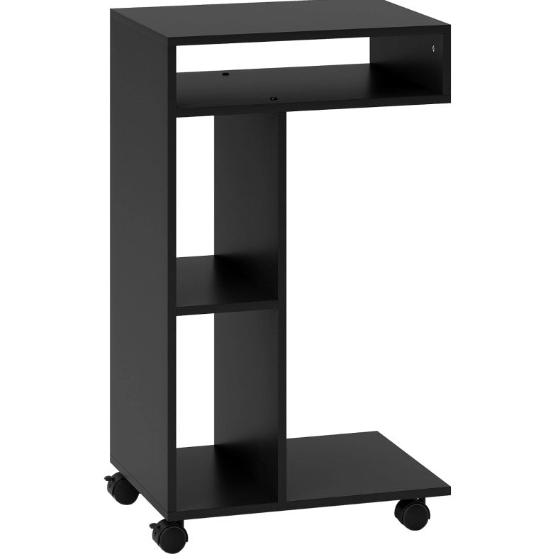 Carrello laterale nero a forma di C con 3 ripiani e 4 ruote, 40x30x69 cm
