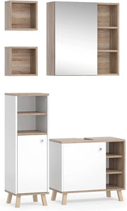 Set mobili bagno Senyo, Bianco, 62 cm, composto da armadietto a specchio, base lavabo, armadio medio e 2 scaffali bagno