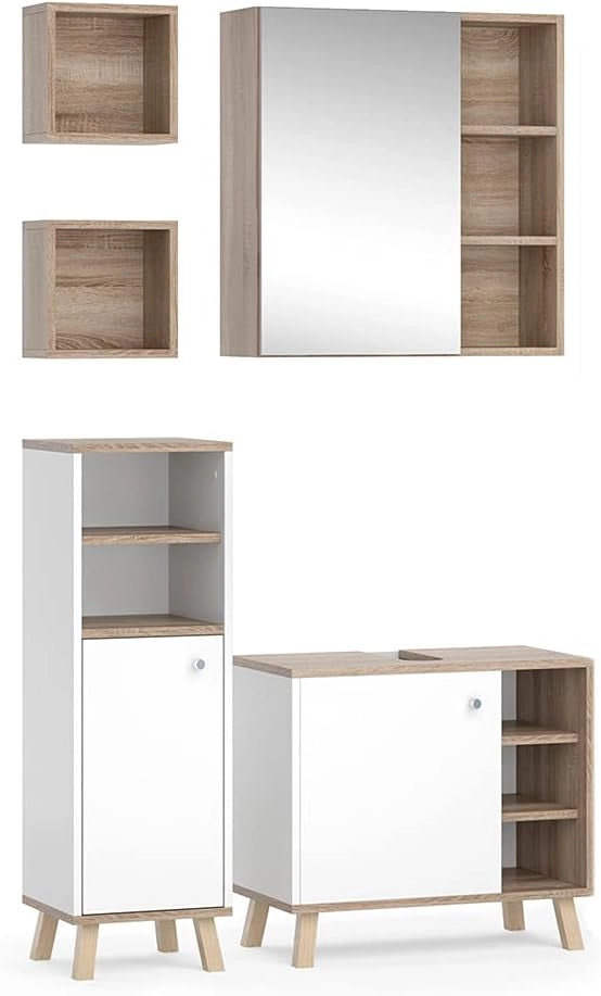 Set mobili bagno Senyo, Bianco, 62 cm, composto da armadietto a specchio, base lavabo, armadio medio e 2 scaffali bagno
