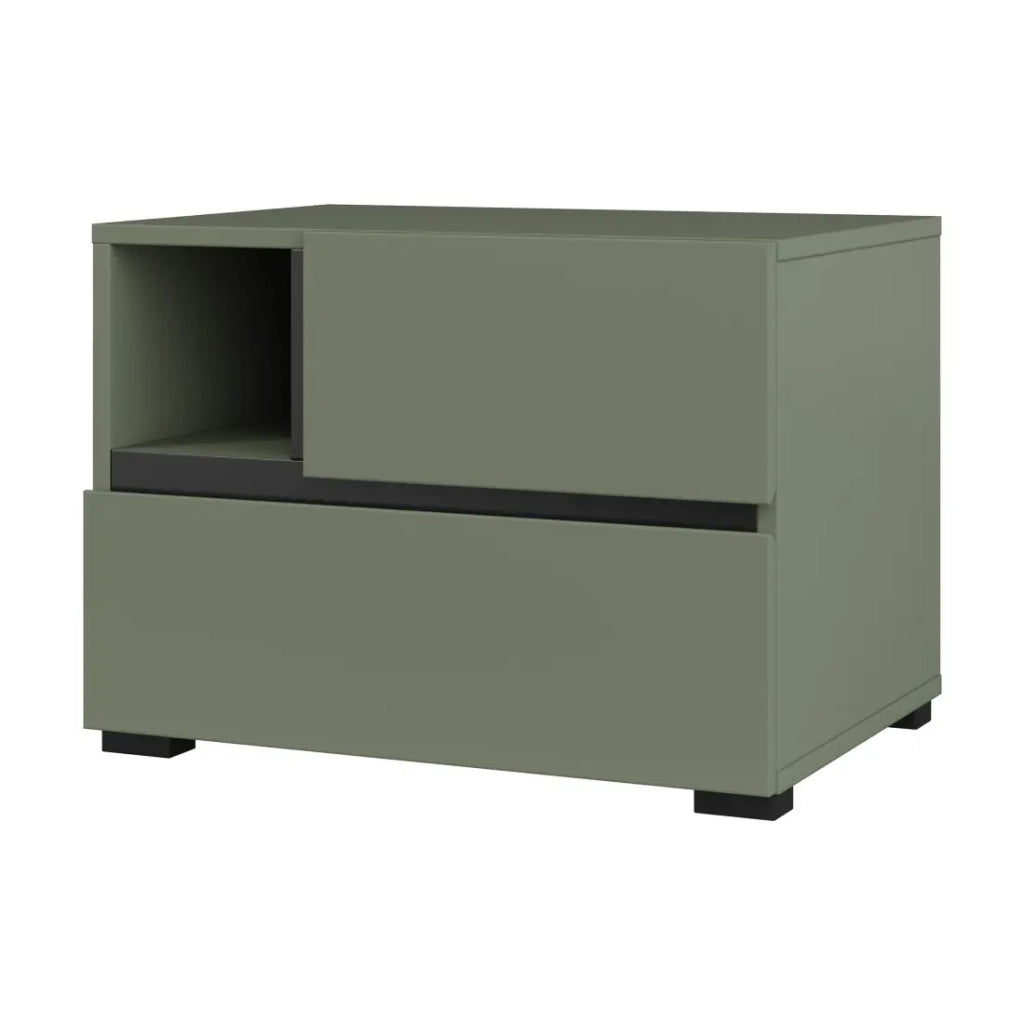 Tavolino da notte HAVANA – 2 cassetti e 1 nicchia – Color salvia verde e nero – Design compatto ed elegante