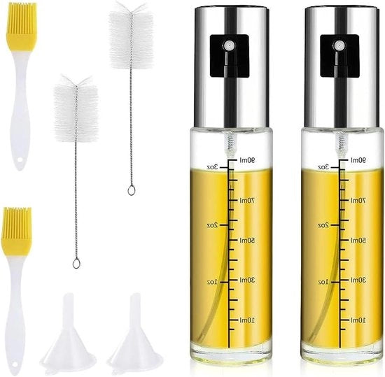 Kit di spruzzatori di olio 100 ml - con pennello per pentola - cucchiaio - spruzzatore multifunzionale di olio - flacone per oli extravergine - per grigliate e cotture - 2 pezzi.