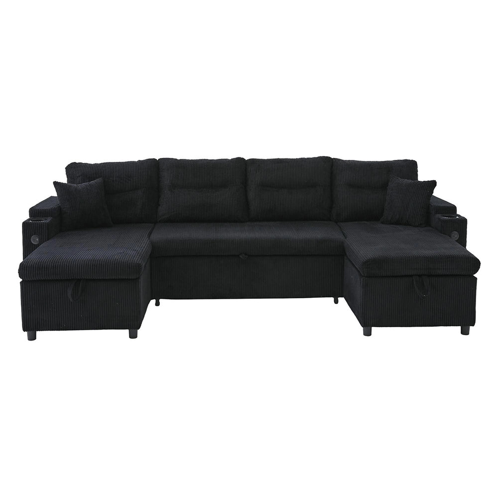 Divano moderno in velluto per 4 persone - Xylo - Chaise longue, spazio di archiviazione, porta bevande, porte USB, funzione letto, Nero