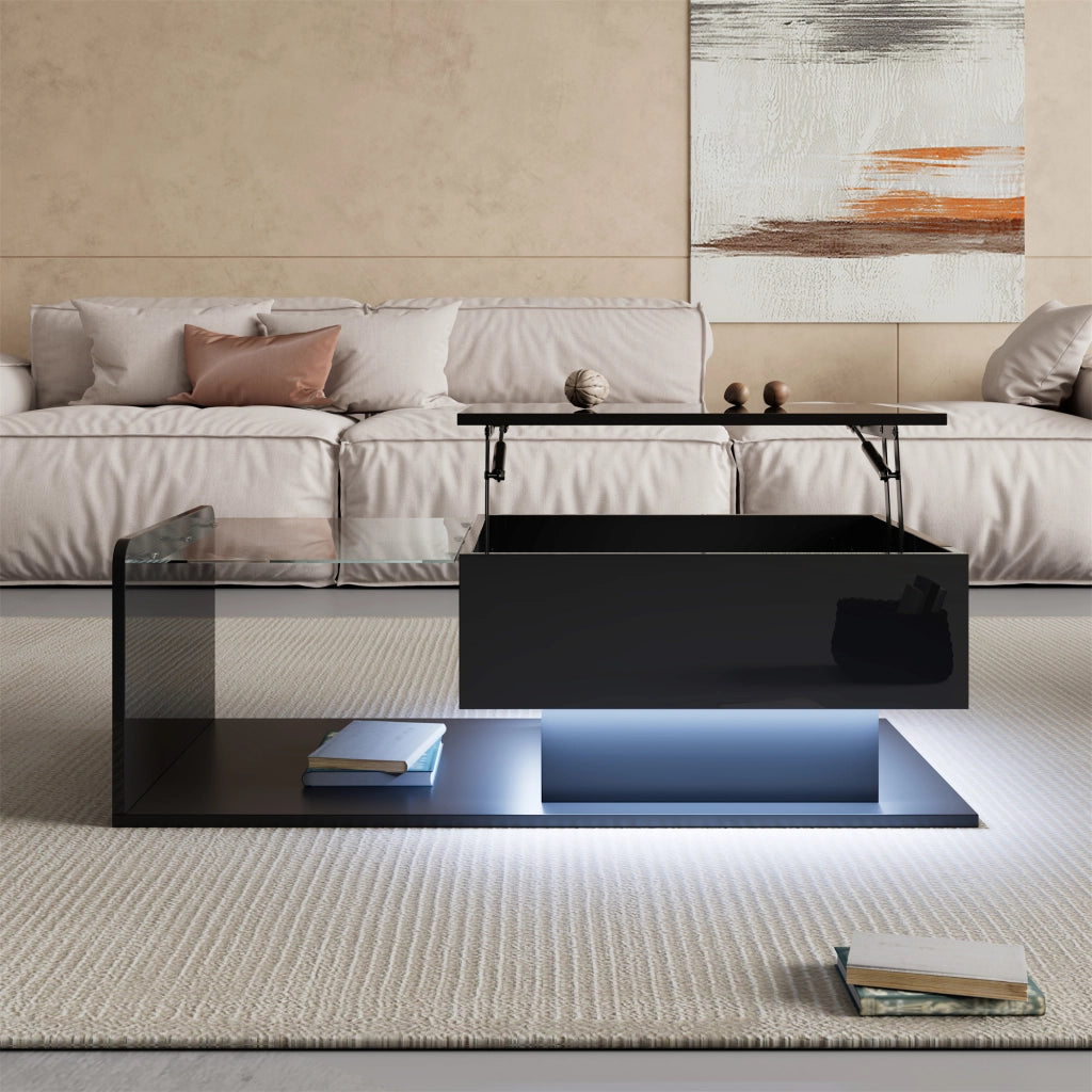 TAVOLINO DA SALOTTO ALZABILE 100x50x33/47,5 cm NERO LUCIDO CON LED