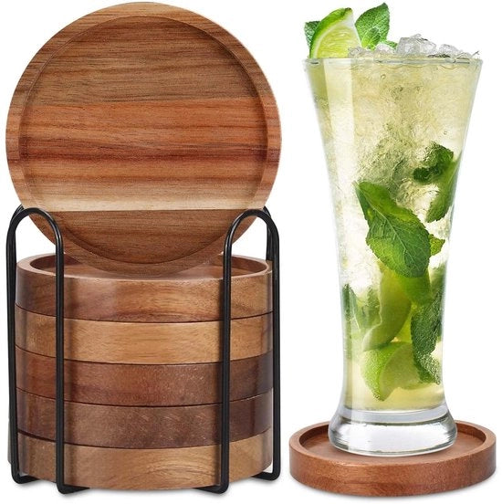 Onderzetters in legno per bicchieri, rotondi, set da 6, con supporto in acciaio, set di sottofondi in legno di acacia per bicchieri, bar, tazze, bicchieri, protezione da tavolo per ogni tipo di tavolo